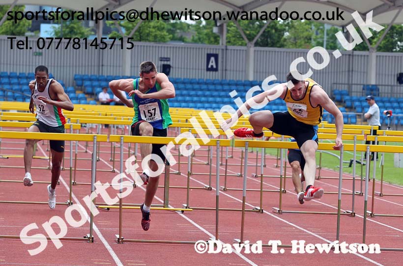 David Feeney (Amber Valley and Erewash AC) wins the senior mens 110 hurdles, Northern Senior and Under-20 Champs., Sport City, Manchester. Photo: David T. Hewitson/Sports for All Pics